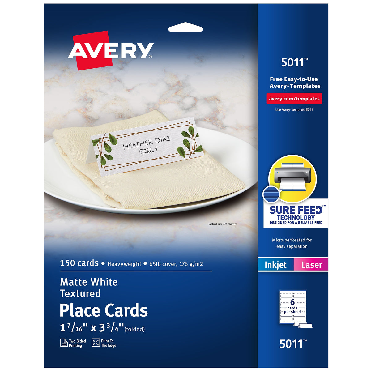 Avery Textured 1.44" x 3.75" White Matte Table Cards, Inkjet/Laser, 150/Pack