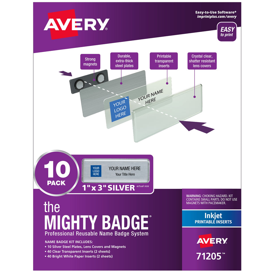 Avery The Mighty Badge Inkjet Reusable Magnetic Name Badge System, 1" x 3", Silver, 80 Inserts, 10/Pack