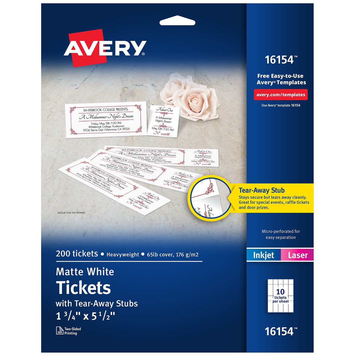 Avery Tickets with Tear-Away Stubs, Matte White, 1.75" x 5.5", Laser/Inkjet, 200/Pack