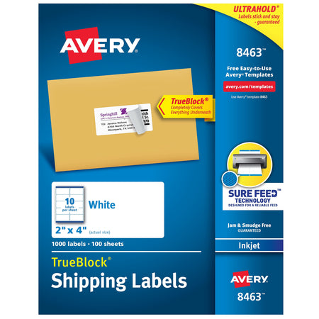 Avery TrueBlock Inkjet Shipping Labels, 2" x 4", White, 10 Labels/Sheet, 100 Sheets/Box