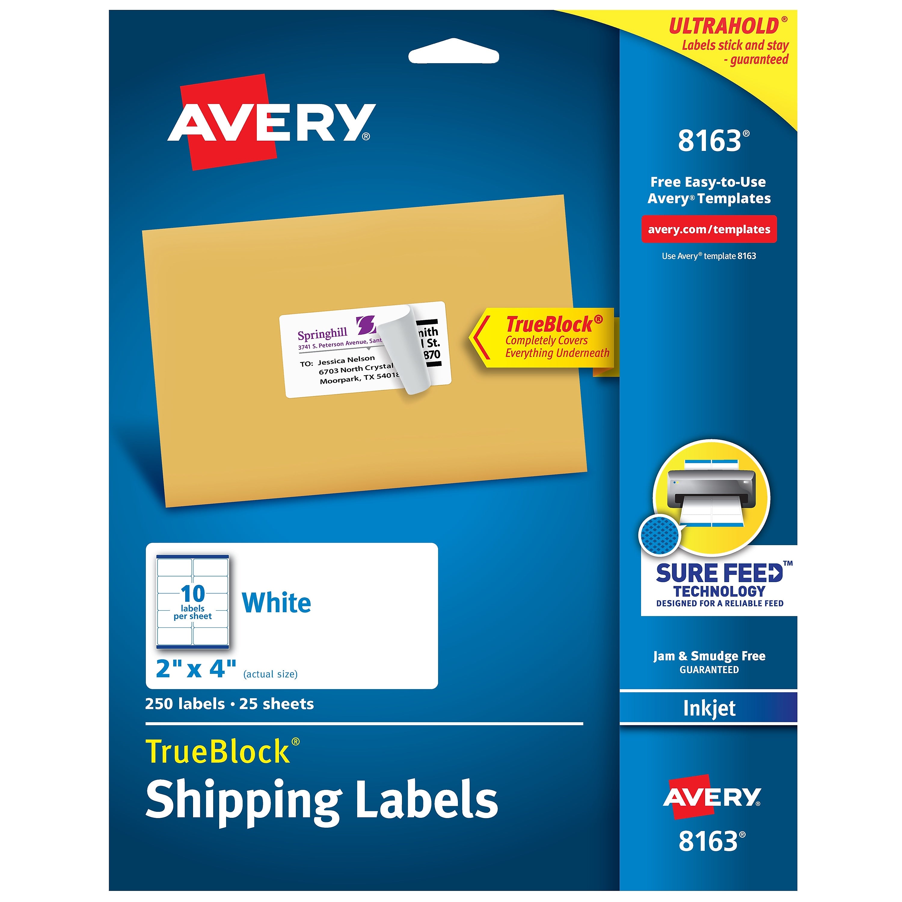 Avery TrueBlock Inkjet Shipping Labels, 2" x 4", White, 10 Labels/Sheet, 25 Sheets/Pack