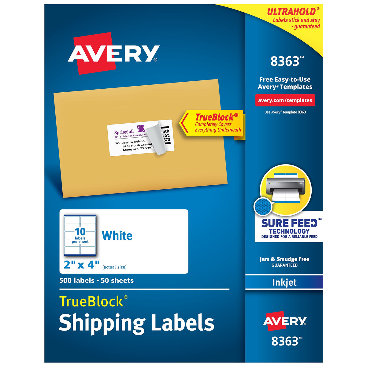 Avery TrueBlock Inkjet Shipping Labels, 2" x 4", White, 10 Labels/Sheet, 50 Sheets/Box