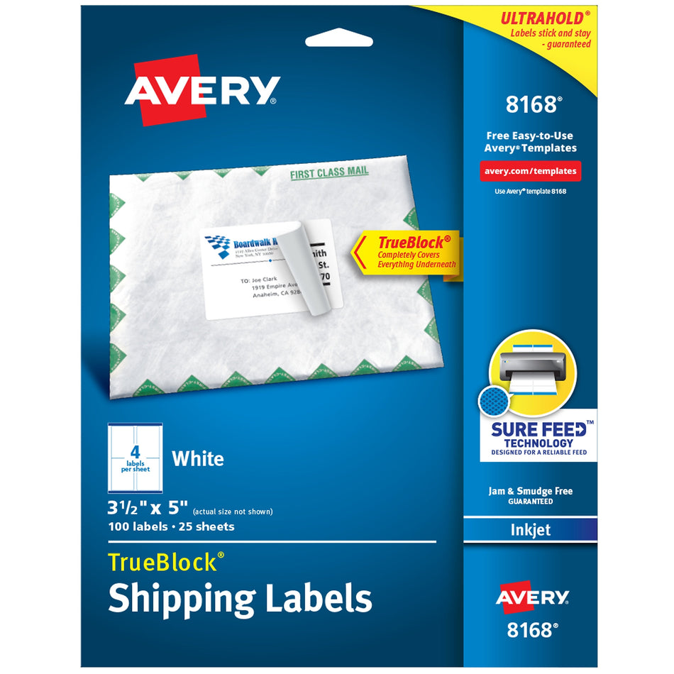 Avery TrueBlock Inkjet Shipping Labels, 3-1/2" x 5", White, 4 Labels/Sheet, 25 Sheets/Pack