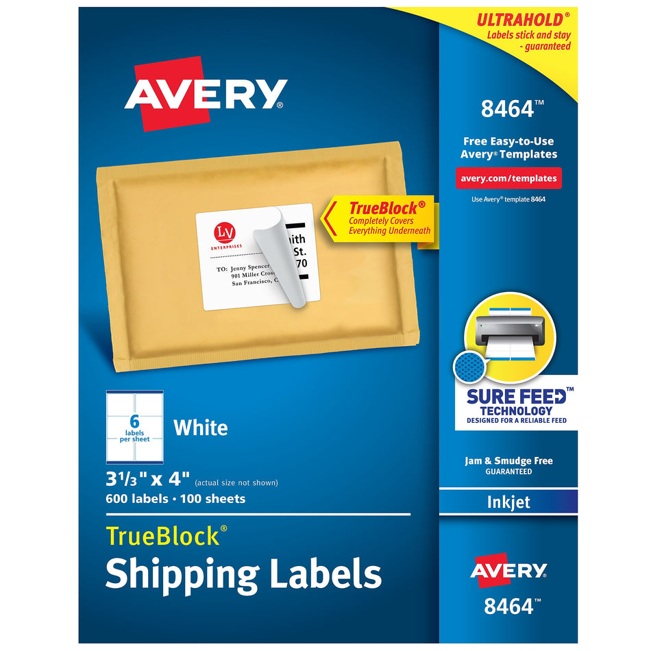 Avery TrueBlock Inkjet Shipping Labels, 3-1/3" x 4", White, 6 Labels/Sheet, 100 Sheets/Box