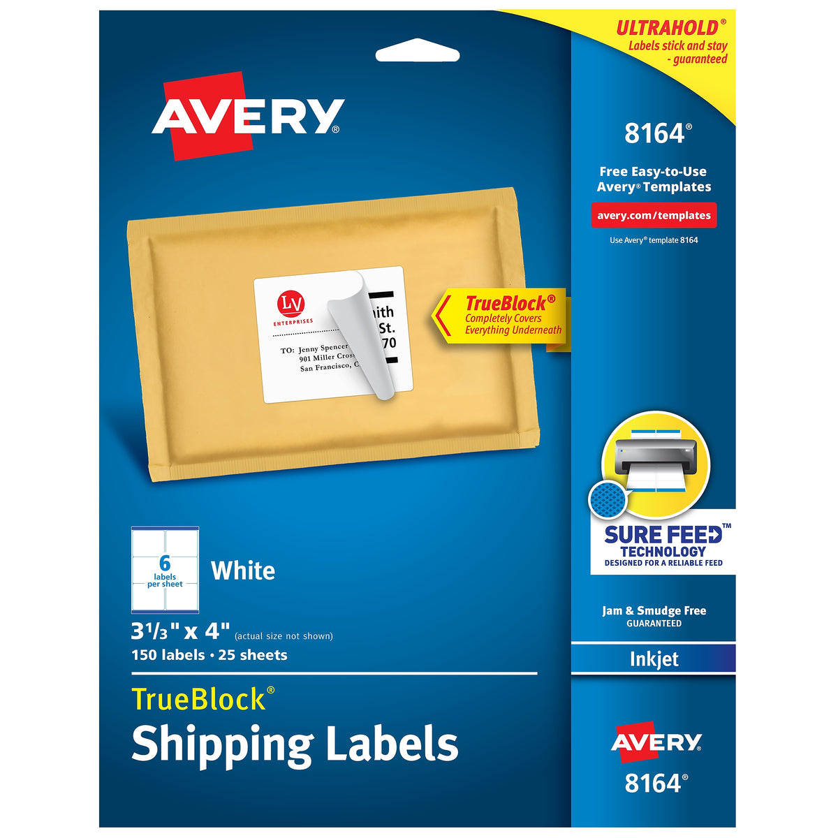 Avery TrueBlock Inkjet Shipping Labels, 3-1/3" x 4", White, 6 Labels/Sheet, 25 Sheets/Pack