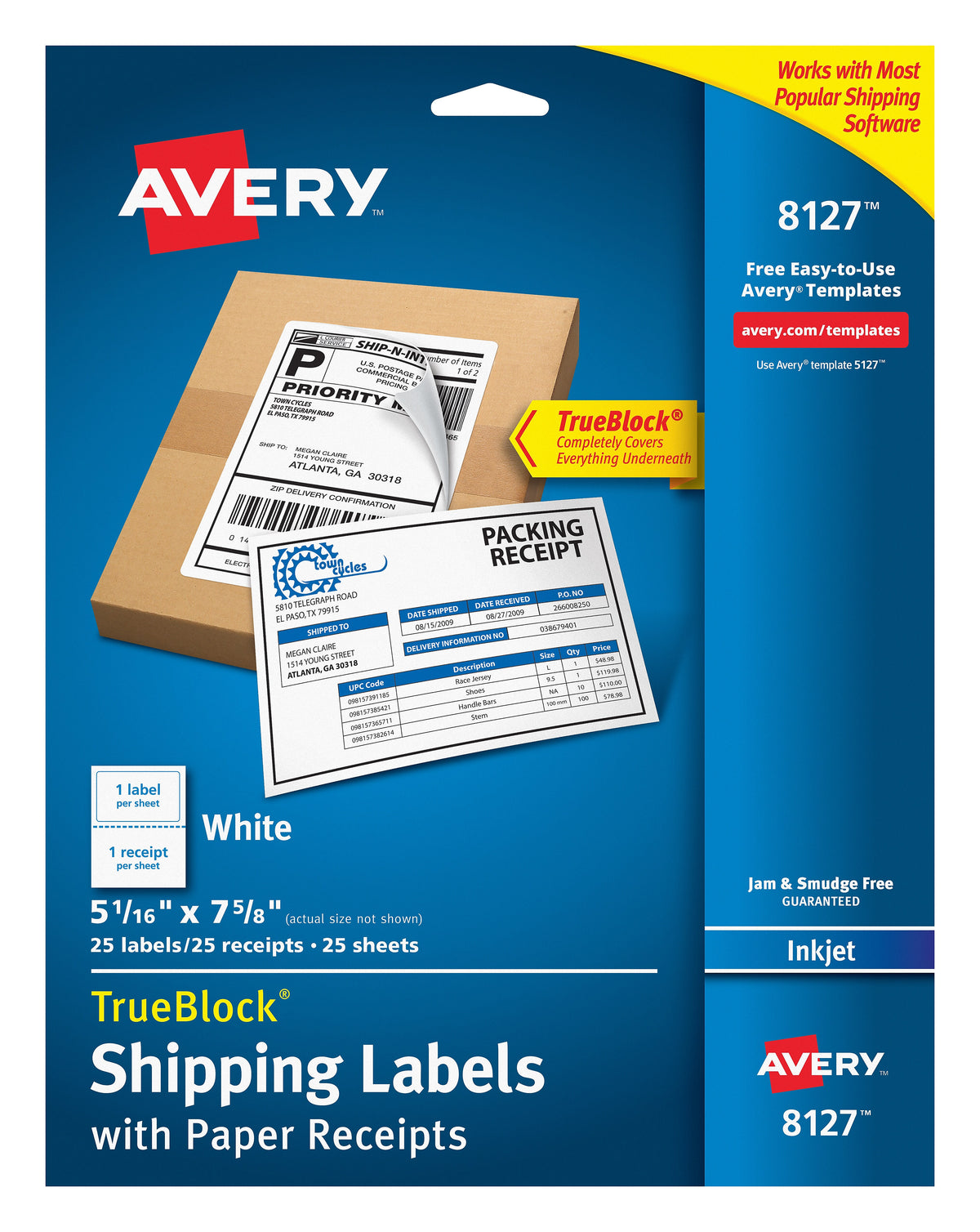 Avery TrueBlock Inkjet Shipping Labels, 5-1/16" x 7-5/8", White, 1 Label/Sheet, 25 Sheets/Pack, 25 Labels/Pack