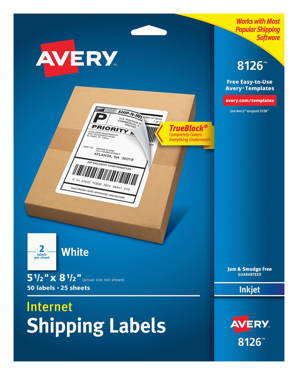 Avery TrueBlock Inkjet Shipping Labels, 5-1/2" x 8-1/2", White, 2 Labels/Sheet, 25 Sheets/Pack