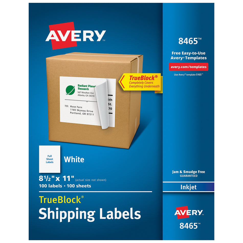 Avery TrueBlock Inkjet Shipping Labels, 8-1/2" x 11", White, 1 Label/Sheet, 100 Sheets/Box