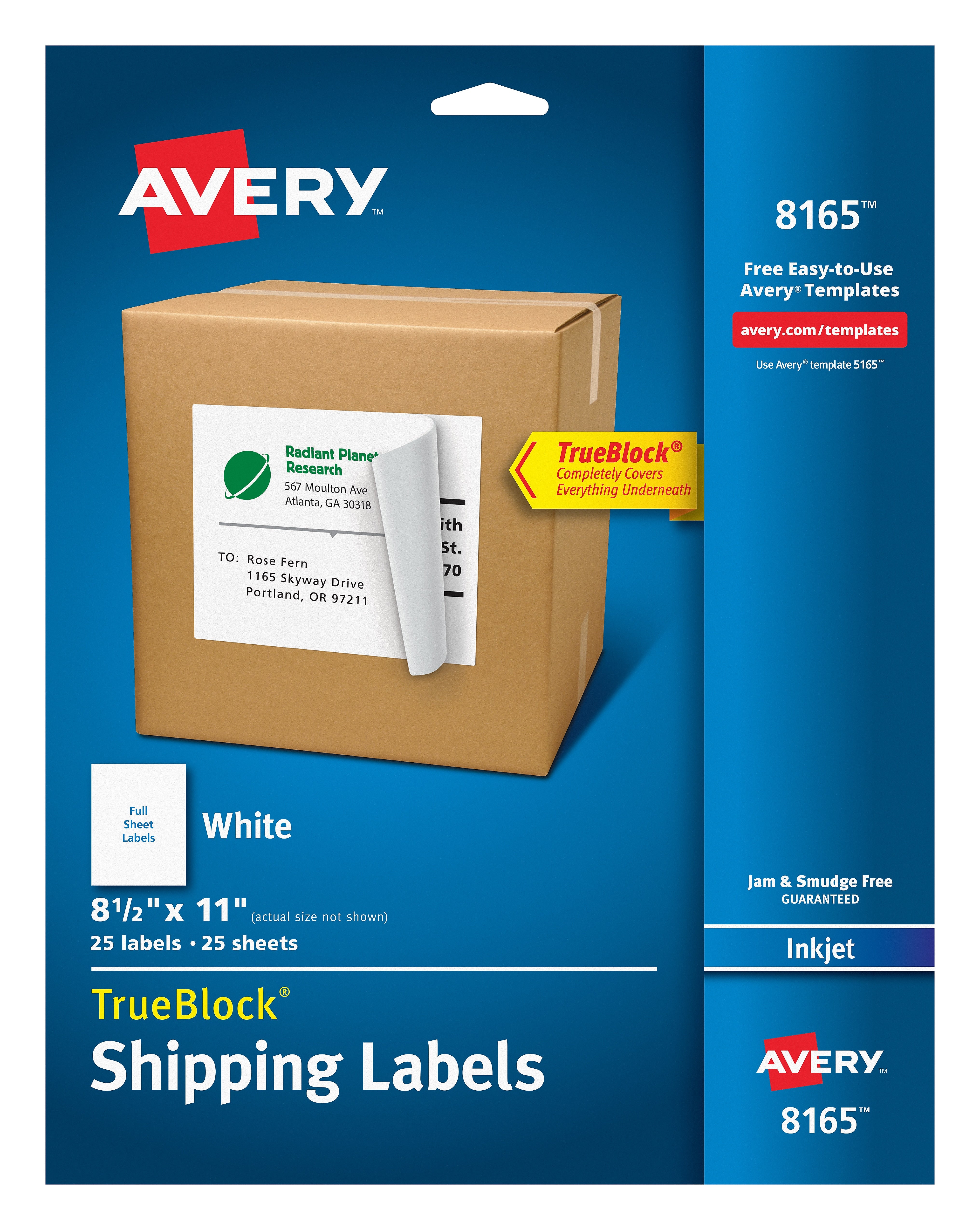 Avery TrueBlock Inkjet Shipping Labels, 8-1/2" x 11", White, 1 Labels/Sheet, 25 Sheets/Pack