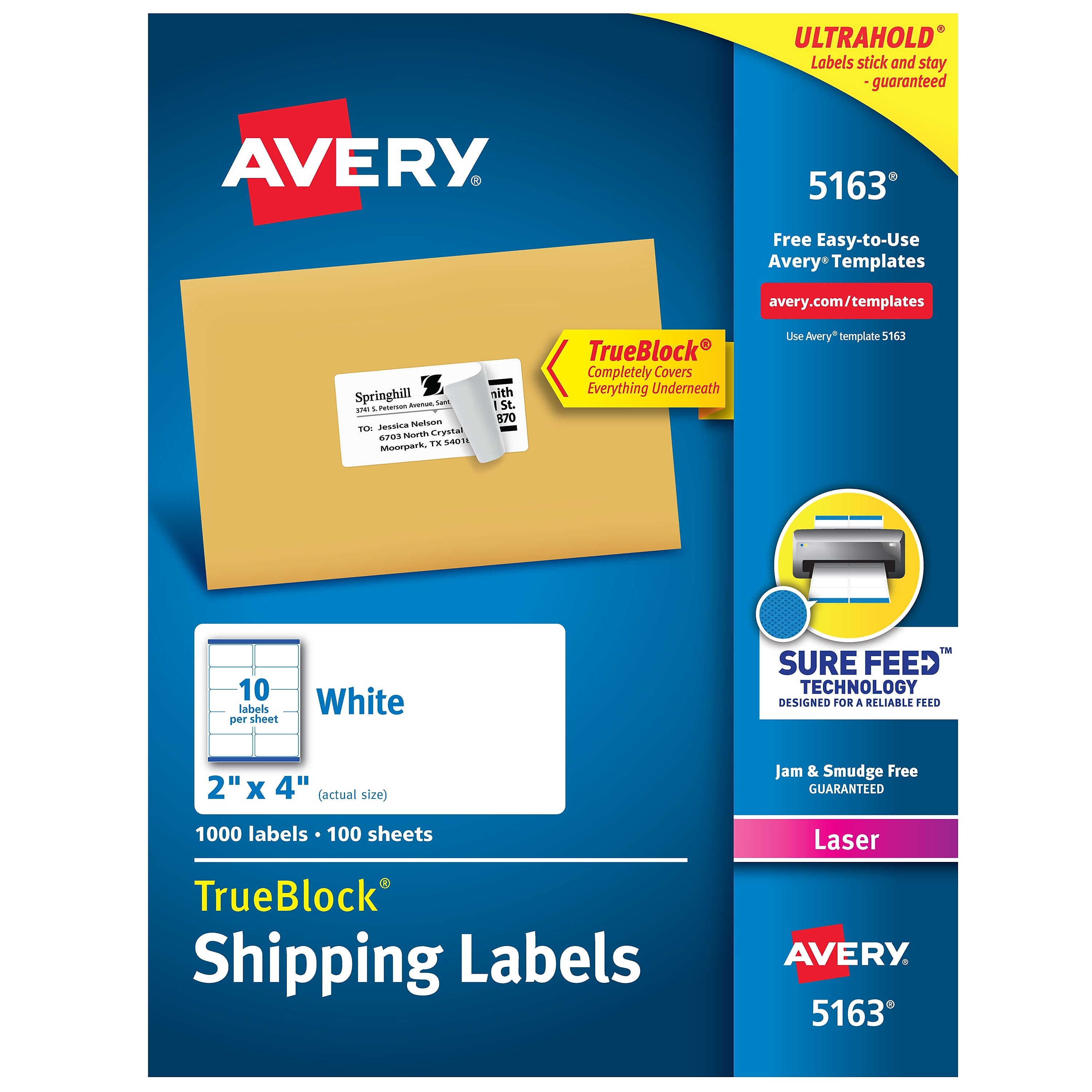 Avery TrueBlock Laser Shipping Labels, 2" x 4", White, 10 Labels/Sheet, 100 Sheets/Box