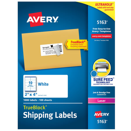 Avery TrueBlock Laser Shipping Labels, 2" x 4", White, 10 Labels/Sheet, 100 Sheets/Box