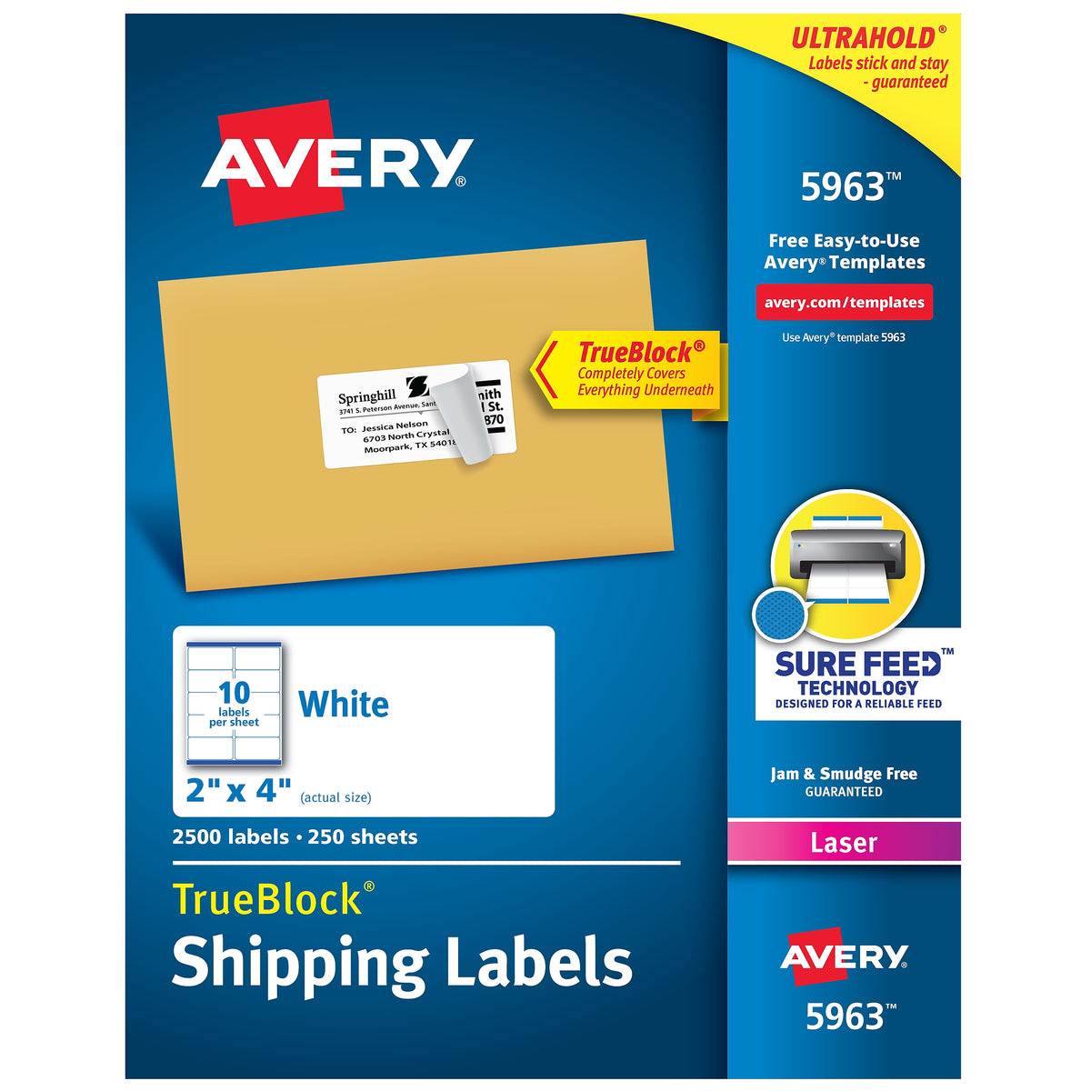 Avery TrueBlock Laser Shipping Labels, 2" x 4", White, 10 Labels/Sheet, 250 Sheets/Box