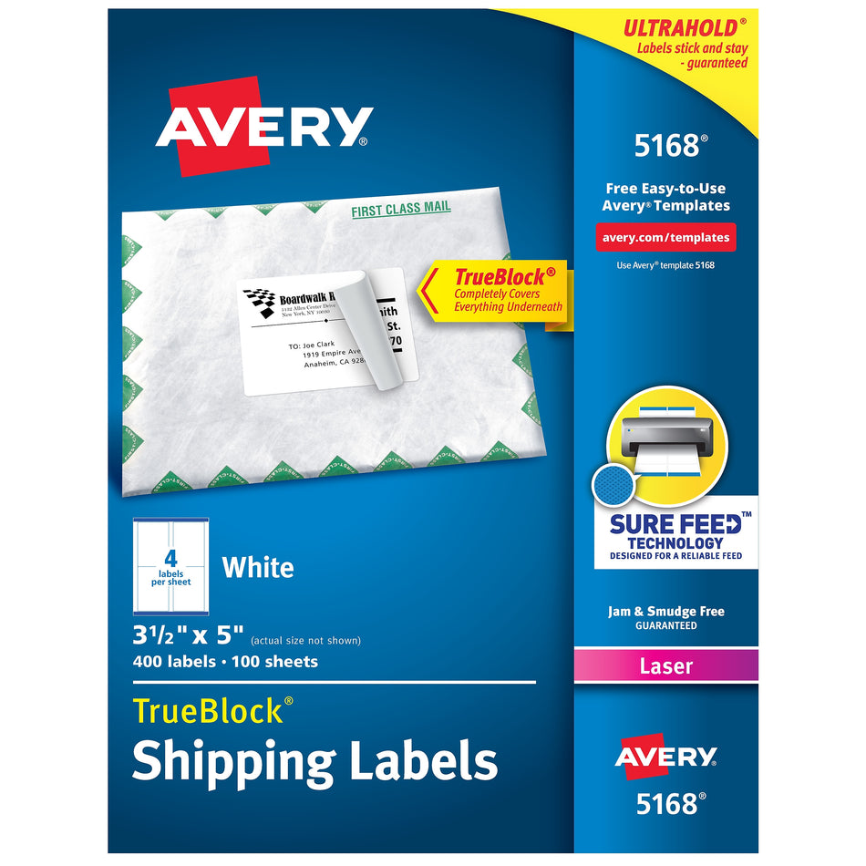 Avery TrueBlock Laser Shipping Labels, 3-1/2" x 5", White, 4 Labels/Sheet, 100 Sheets/Box