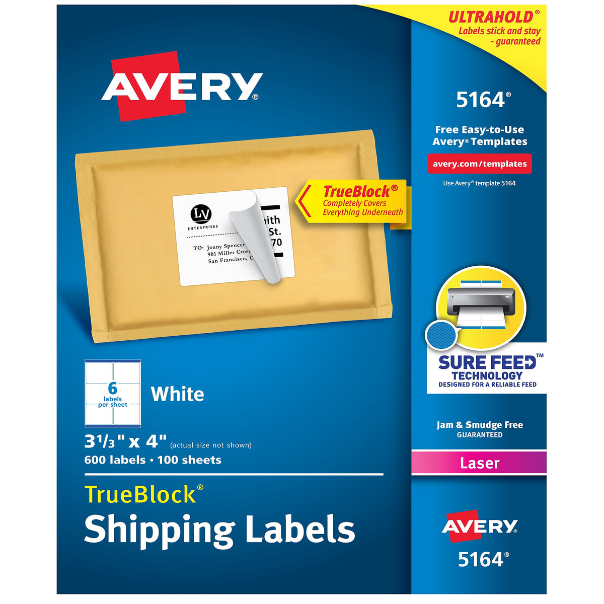 Avery TrueBlock Laser Shipping Labels, 3-1/3" x 4", White, 6 Labels/Sheet, 100 Sheets/Box