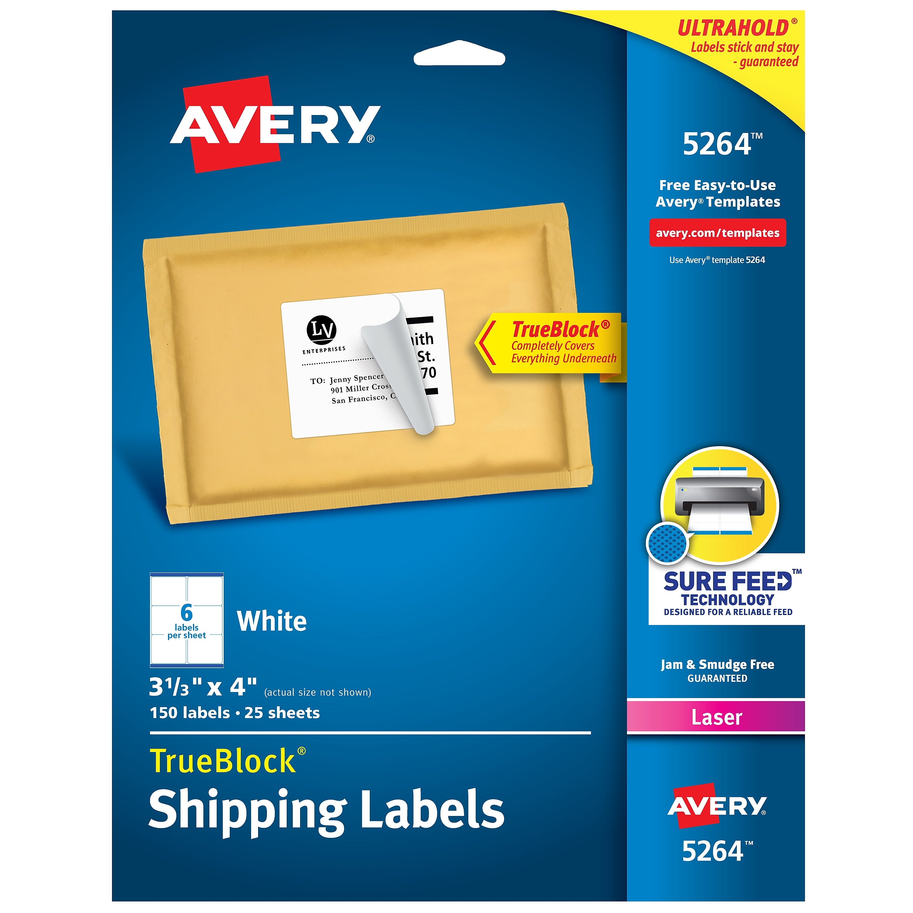 Avery TrueBlock Laser Shipping Labels, 3-1/3" x 4", White, 6 Labels/Sheet, 25 Sheets/Pack