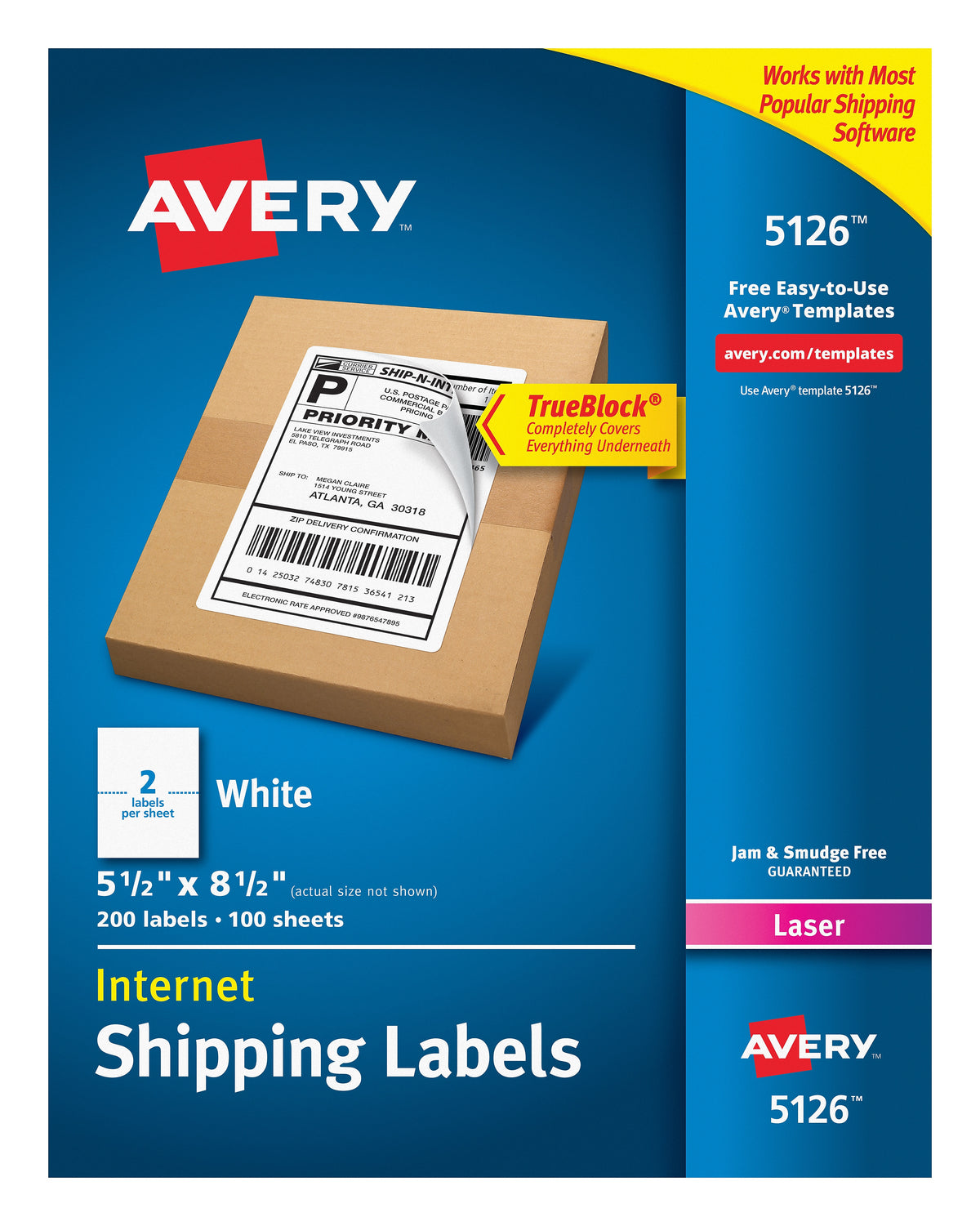 Avery TrueBlock Laser Shipping Labels, 5-1/2" x 8-1/2", White, 2 Labels/Sheet, 100 Sheets/Box