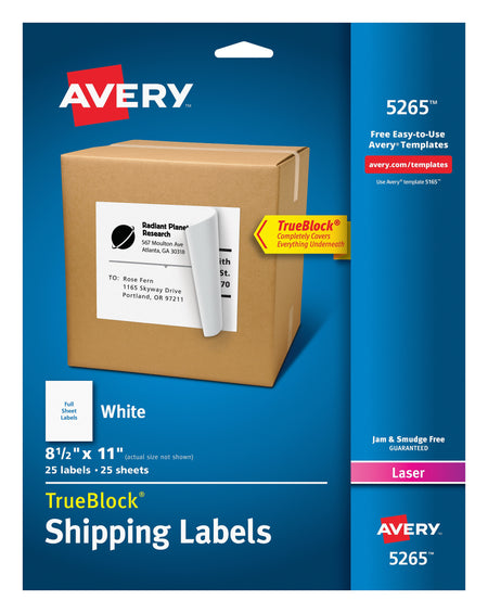 Avery TrueBlock Laser Shipping Labels, 8-1/2" x 11", White, 1 Label/Sheet, 25 Sheets/Pack