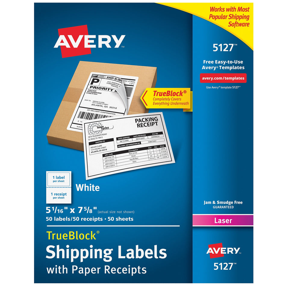 Avery TrueBlock Laser Shipping Labels with Receipts, 5-1/16" x 7-5/8", White, 1 Label/Sheet, 50 Sheets/Box