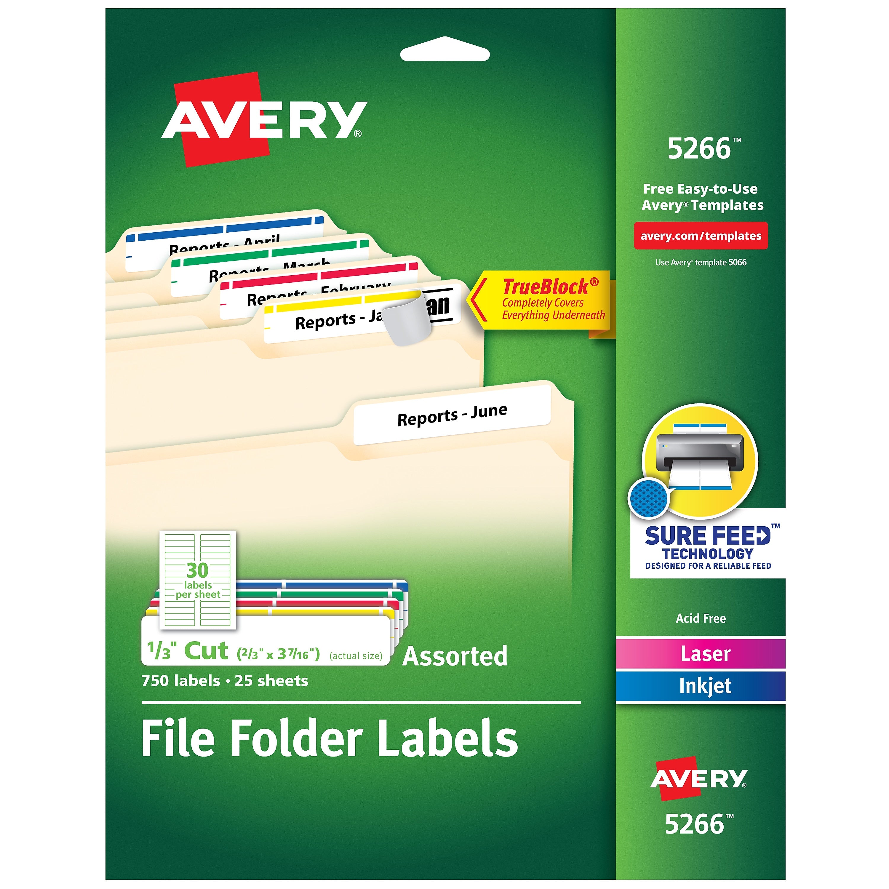 Avery TrueBlock Laser/Inkjet File Folder Labels, 2/3