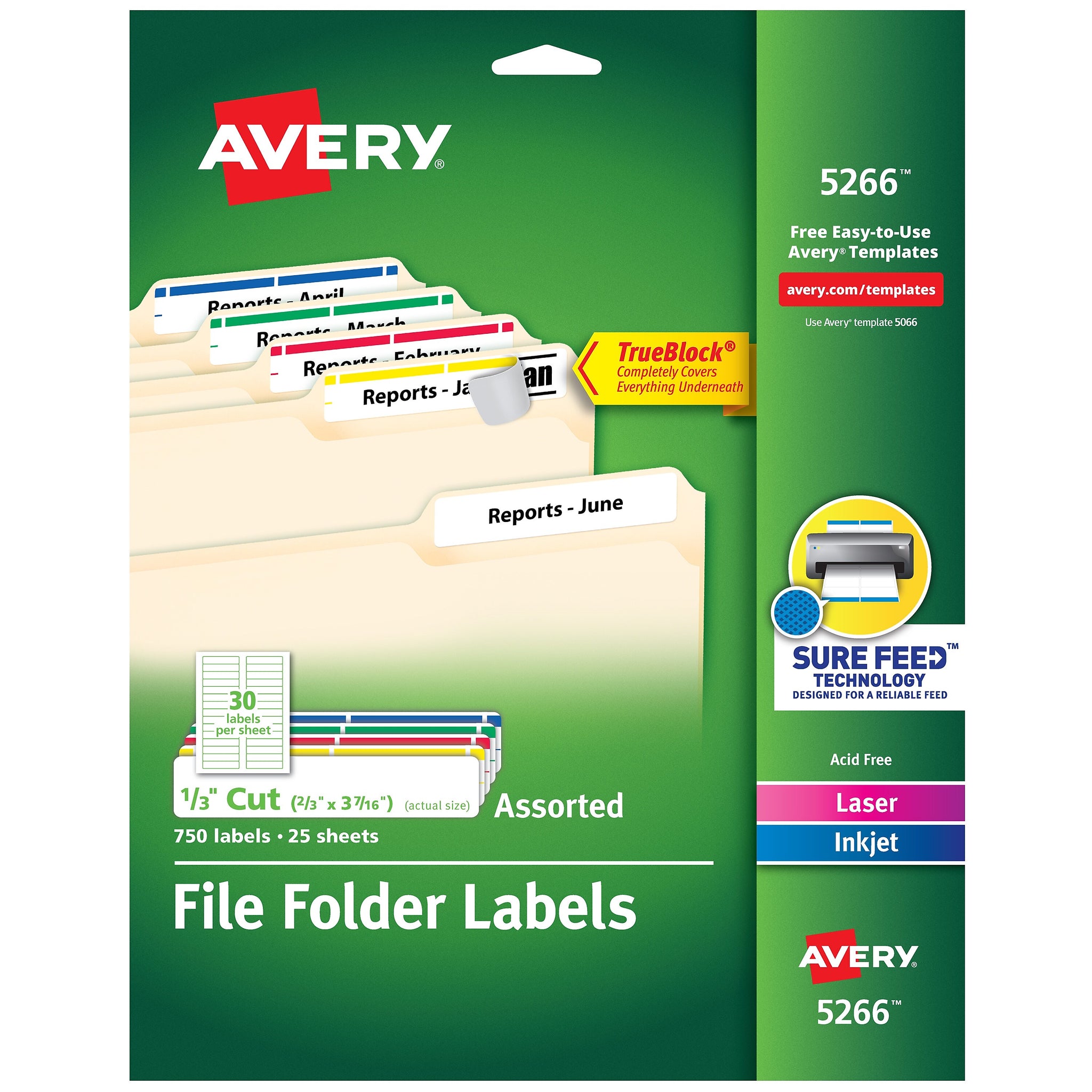Avery TrueBlock Laser/Inkjet File Folder Labels, 2/3