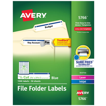 Avery TrueBlock Laser/Inkjet File Folder Labels, 2/3" x 3 7/16", Blue, 1500 Labels Per Pack