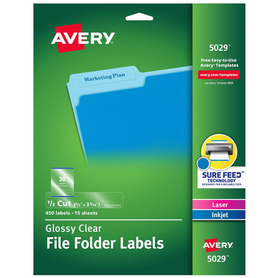 Avery TrueBlock Laser/Inkjet File Folder Labels, 2/3" x 3 7/16" Clear, 450 Labels Per Pack