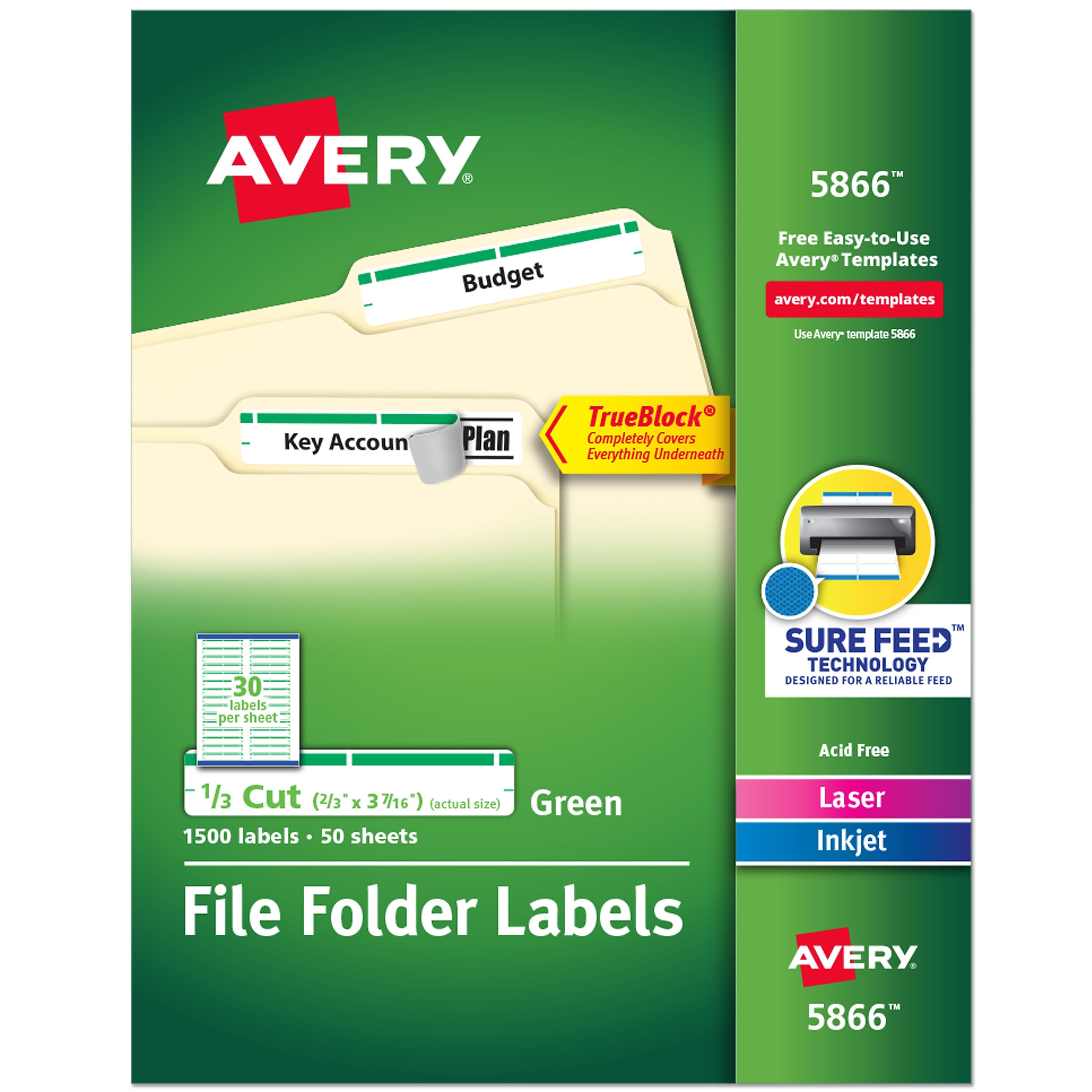 Avery TrueBlock Laser/Inkjet File Folder Labels, 2/3