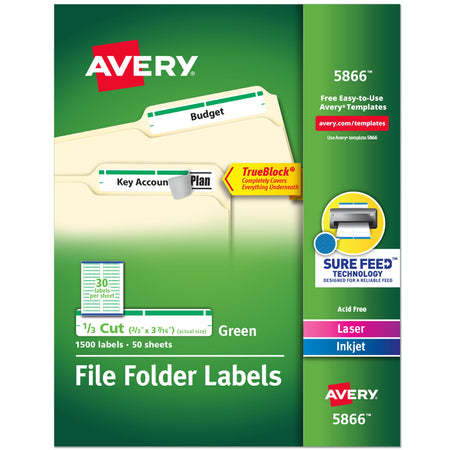 Avery TrueBlock Laser/Inkjet File Folder Labels, 2/3" x 3 7/16", Green, 1500 Labels Per Pack