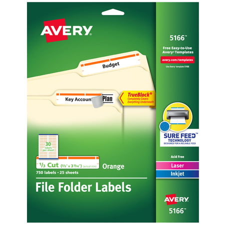 Avery TrueBlock Laser/Inkjet File Folder Labels, 2/3" x 3 7/16", Orange, 750 Labels Per Pack