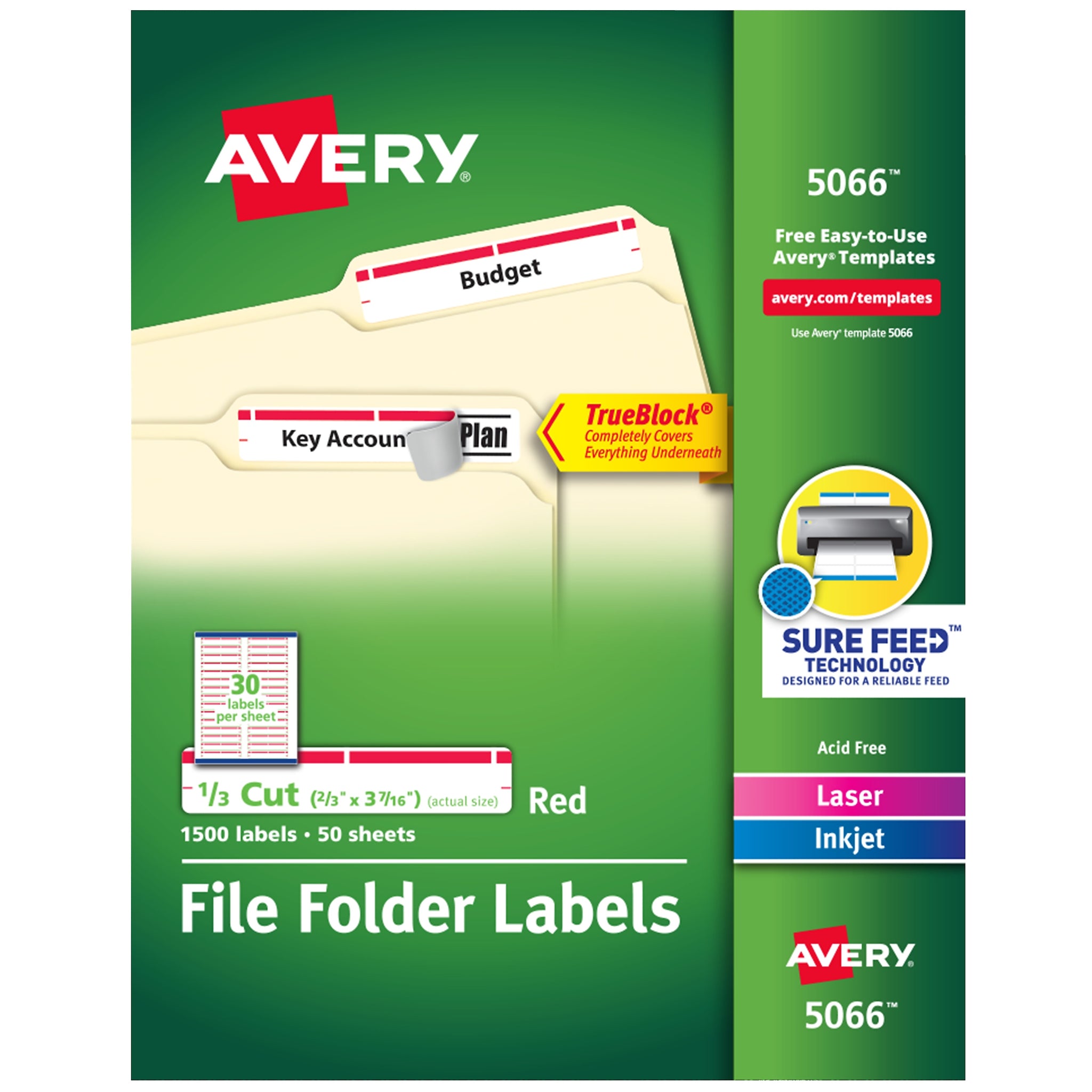 Avery TrueBlock Laser/Inkjet File Folder Labels, 2/3