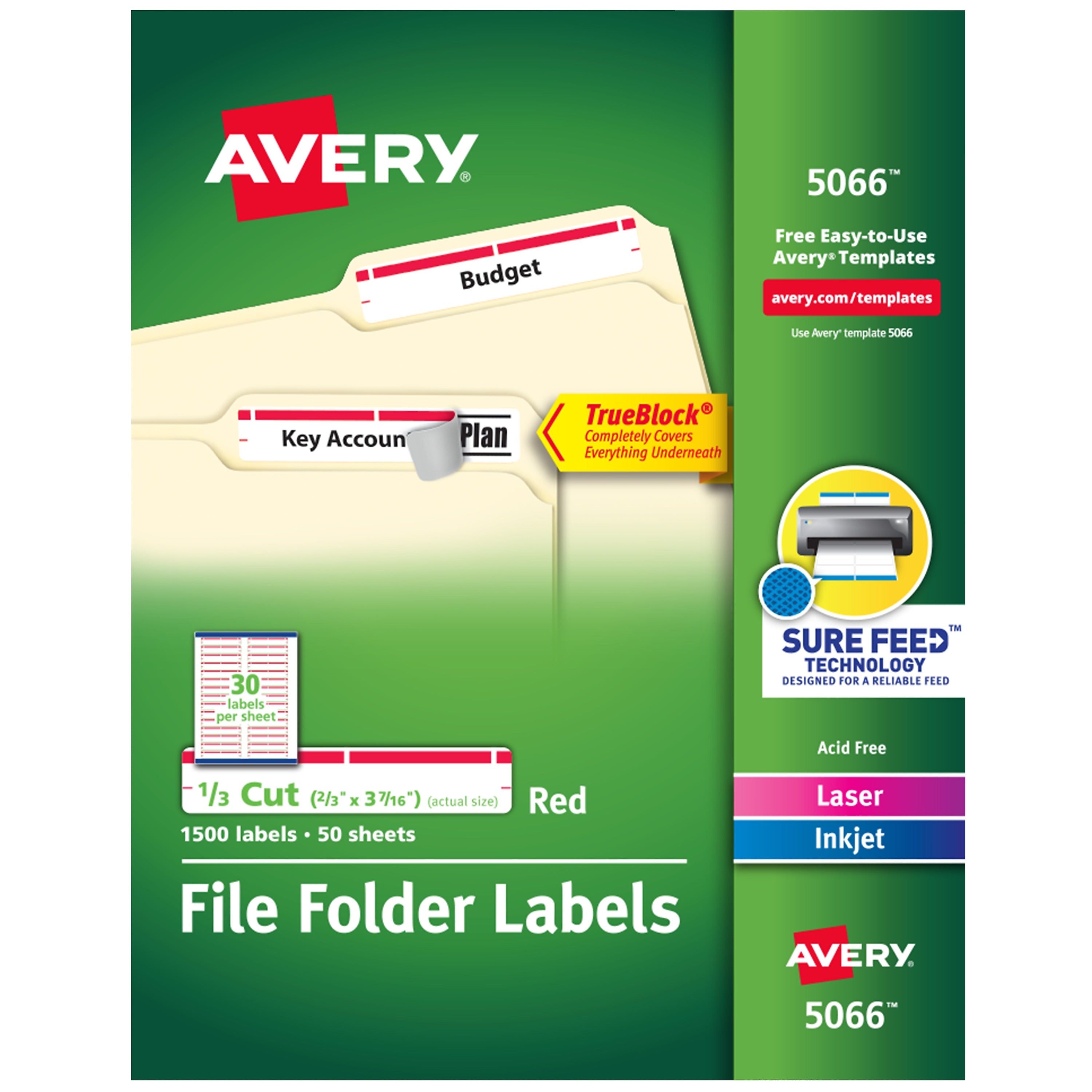 Avery TrueBlock Laser/Inkjet File Folder Labels, 2/3" x 3 7/16", Red, 1500 Labels Per Pack