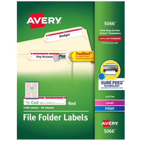 Avery TrueBlock Laser/Inkjet File Folder Labels, 2/3" x 3 7/16", Red, 1500 Labels Per Pack