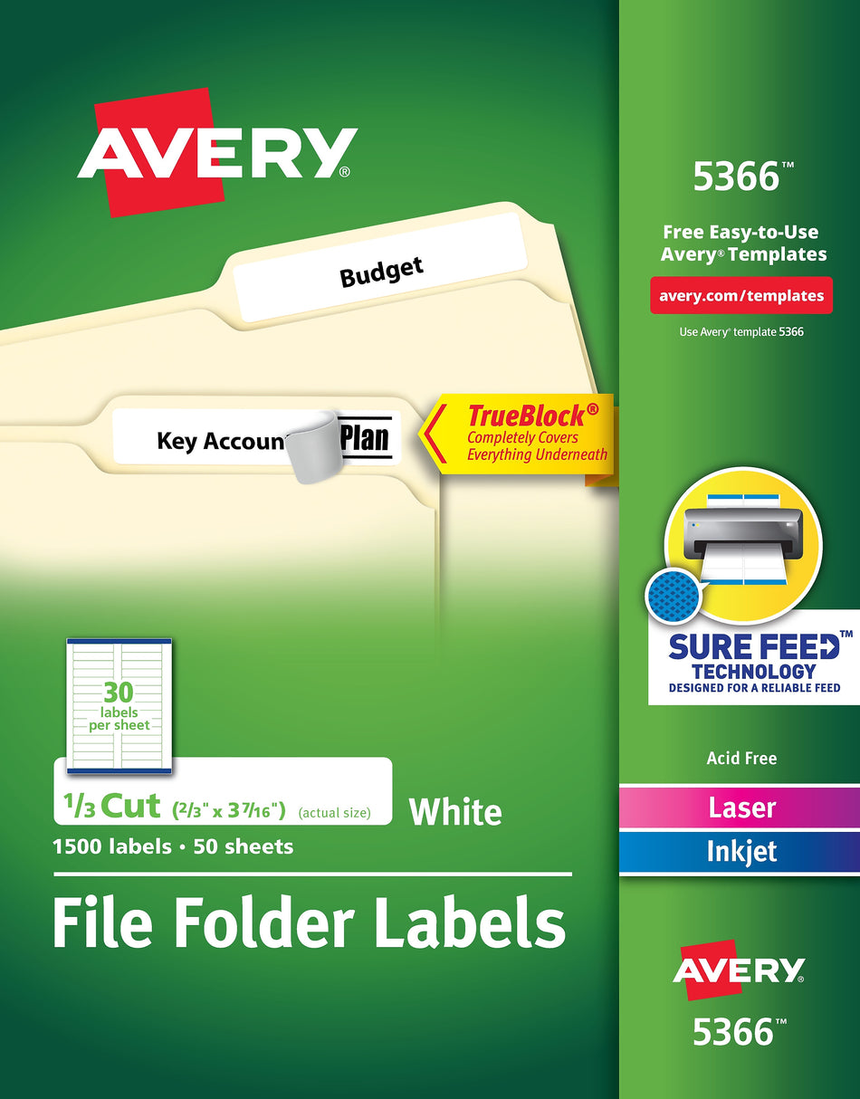 Avery TrueBlock Laser/Inkjet File Folder Labels, 2/3" x 3 7/16", White, 1500 Labels Per Pack