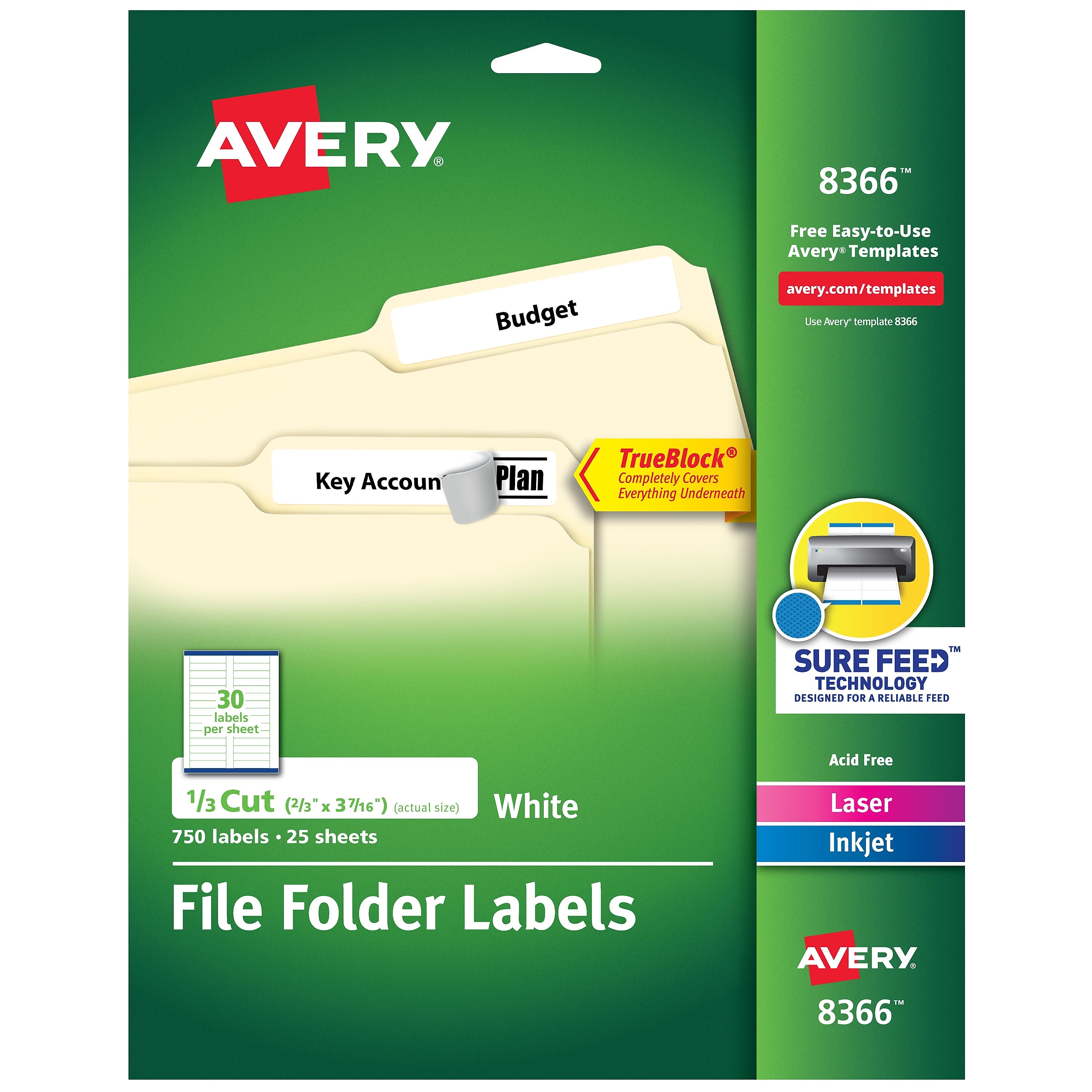 Avery TrueBlock Laser/Inkjet File Folder Labels, 2/3" x 3 7/16", White, 750 Labels/Pack