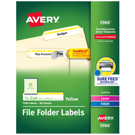 Avery TrueBlock Laser/Inkjet File Folder Labels, 2/3" x 3 7/16", Yellow, 1500 Labels Per Pack