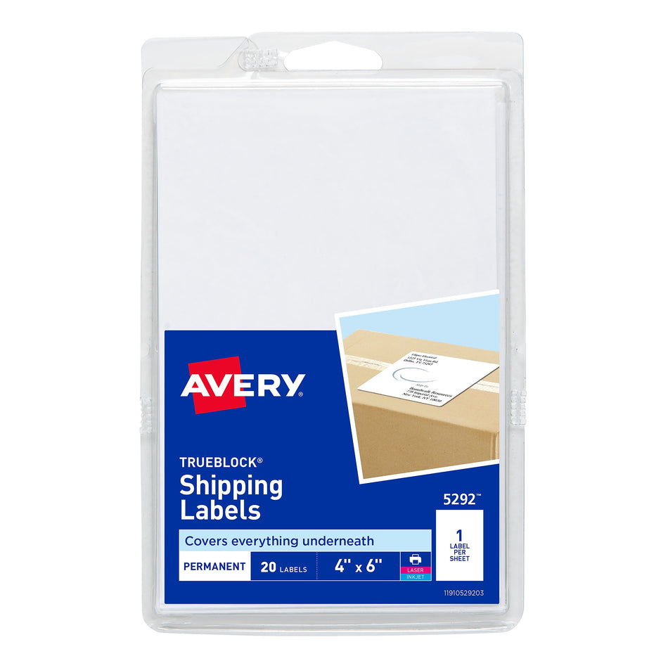 Avery TrueBlock Laser/Inkjet Shipping Labels, 4" x 6", White, 1 Label/Sheet, 20 Sheets/Pack