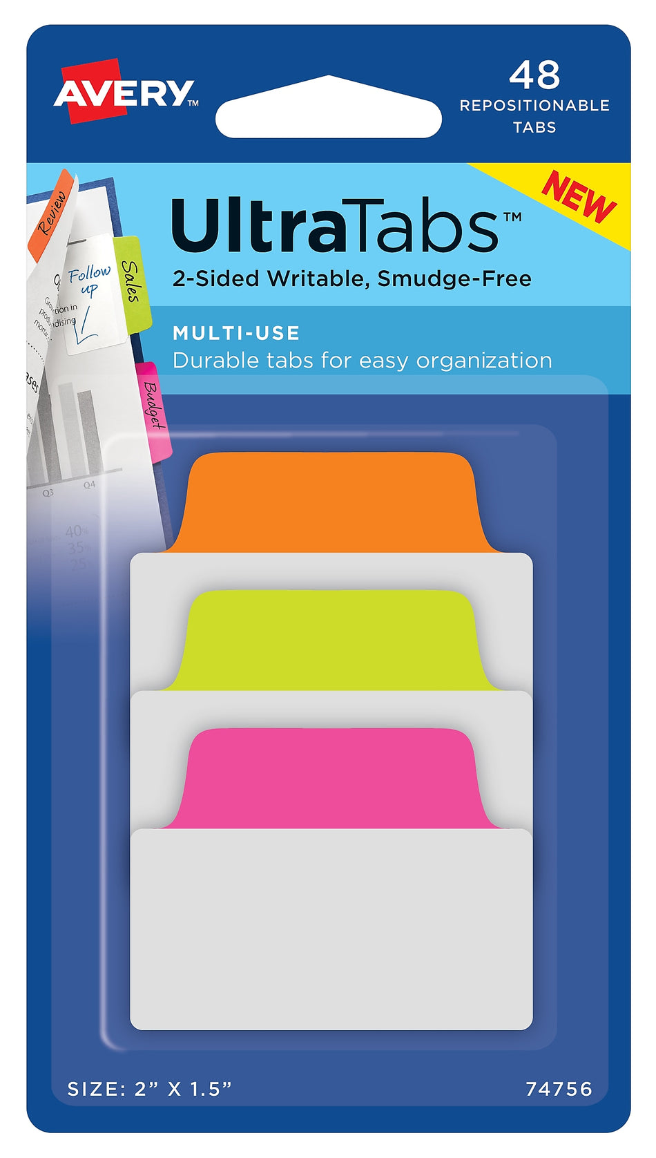 Avery Ultra Tabs, Neon, 2" x 1-1/2", Pack of 48 Repositionable, Two-Sided Writable Tabs