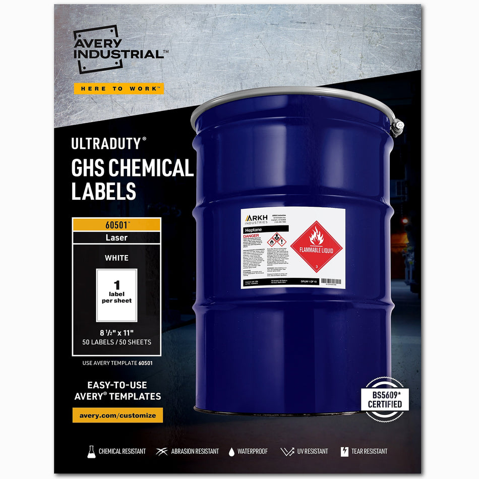 Avery UltraDuty Waterproof Laser GHS Chemical Labels, 8-1/2" x 11", 1 Label/Sheet, 50 Sheets/Box