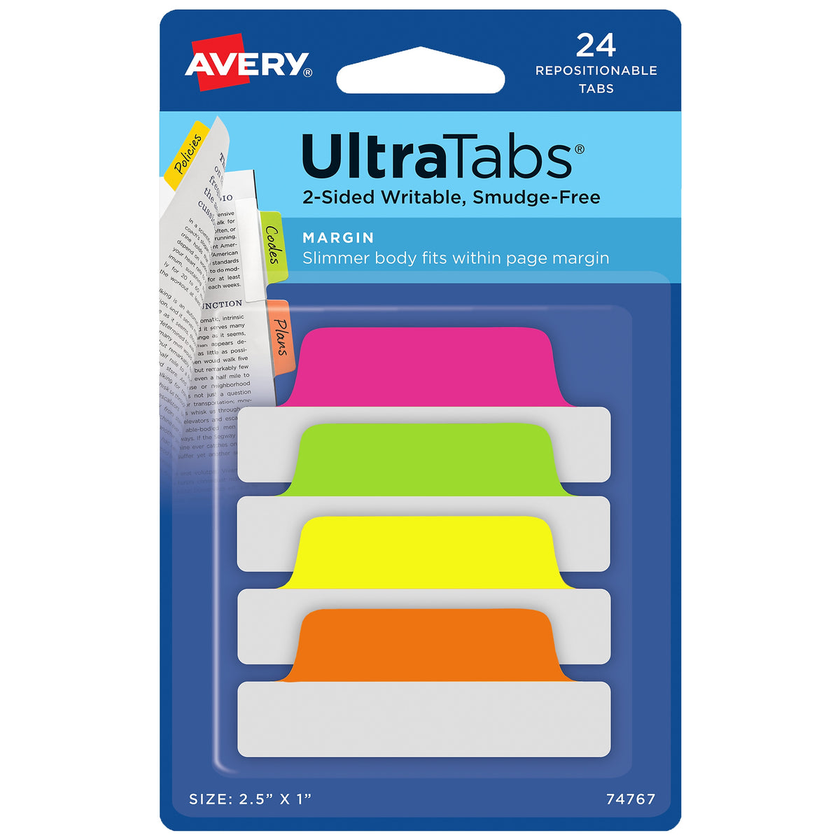 Avery UltraTabs Repositionable Margin Index Tabs, Neons, 24 Tabs/Pack