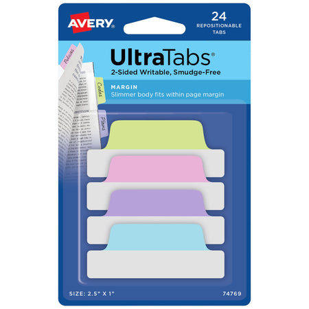 Avery UltraTabs Repositionable Margin Index Tabs, Pastels, 24 Tabs/Pack