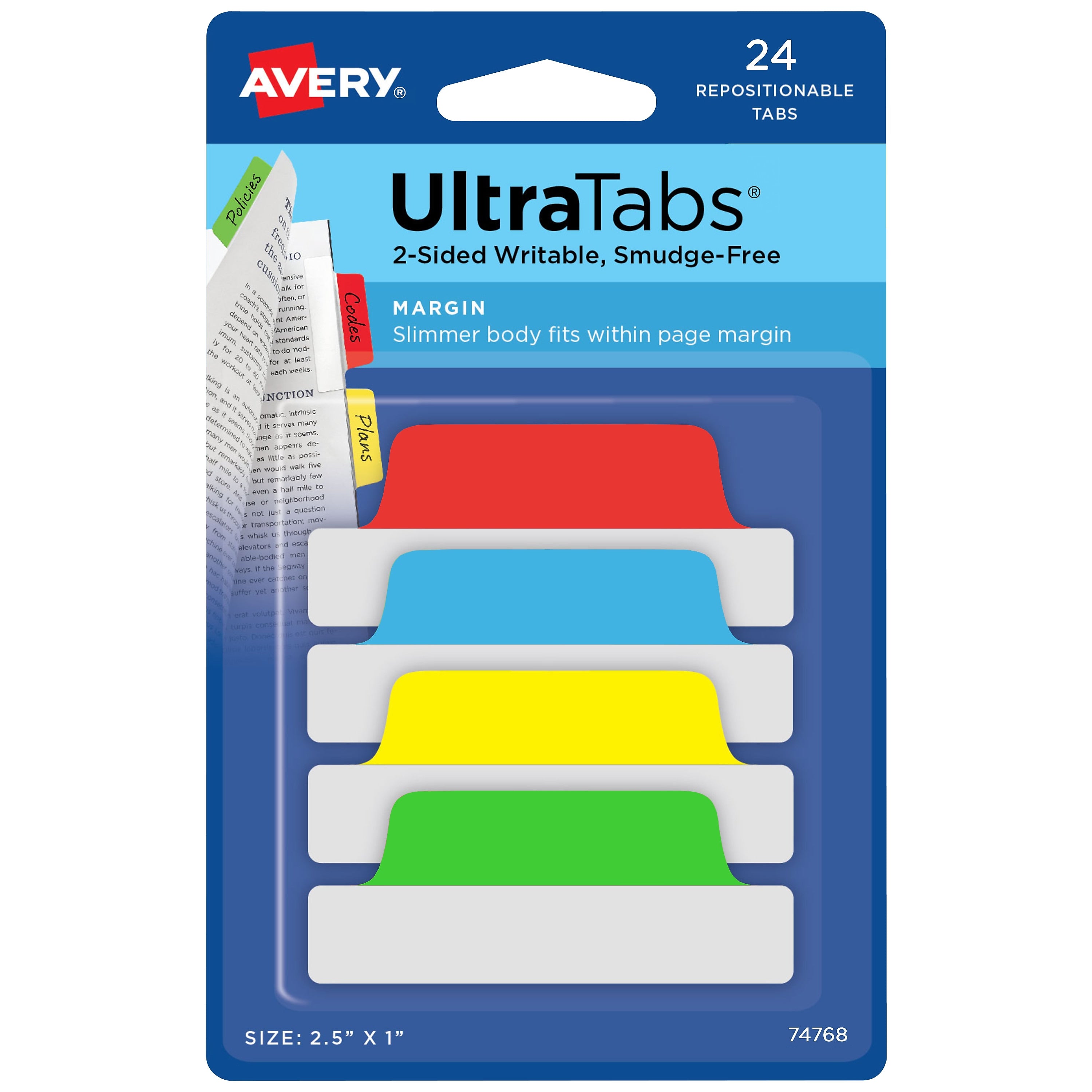 Avery UltraTabs Repositionable Margin Index Tabs, Primary Colors, 24 Tabs/Pack