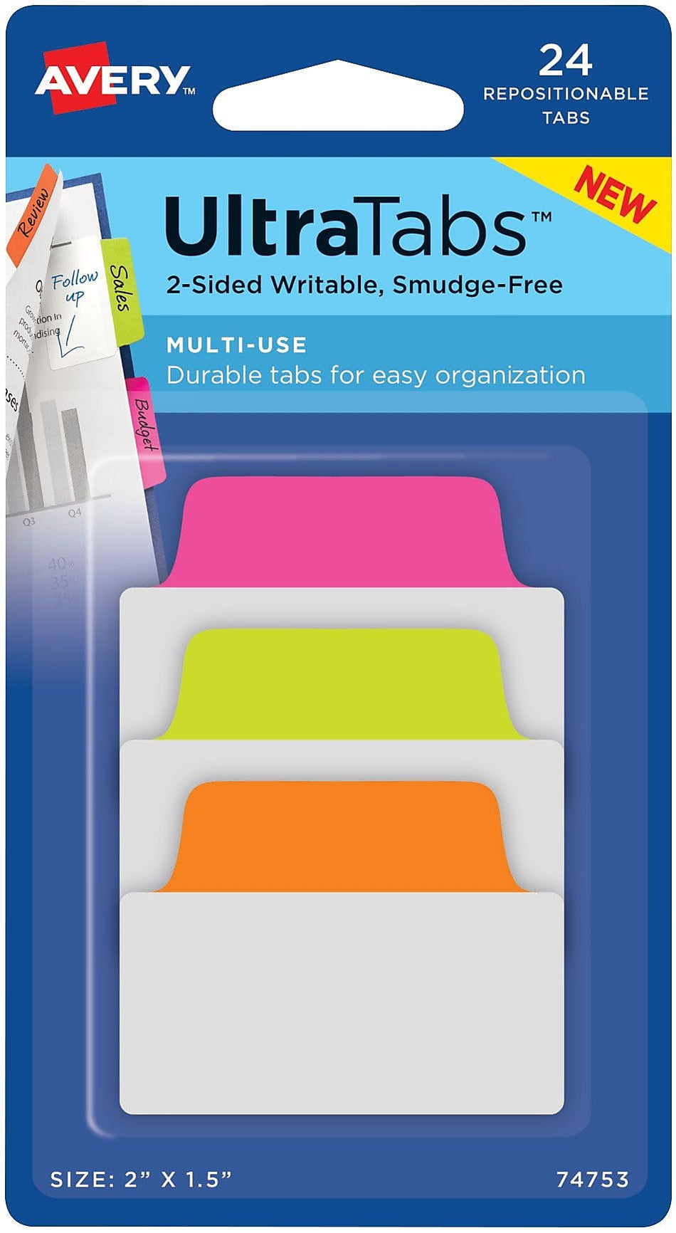 Avery UltraTabs Repositionable Multiuse Tabs, 2" x 1.5", Assorted Neon, 8 Tabs/Pad, 3 Pads