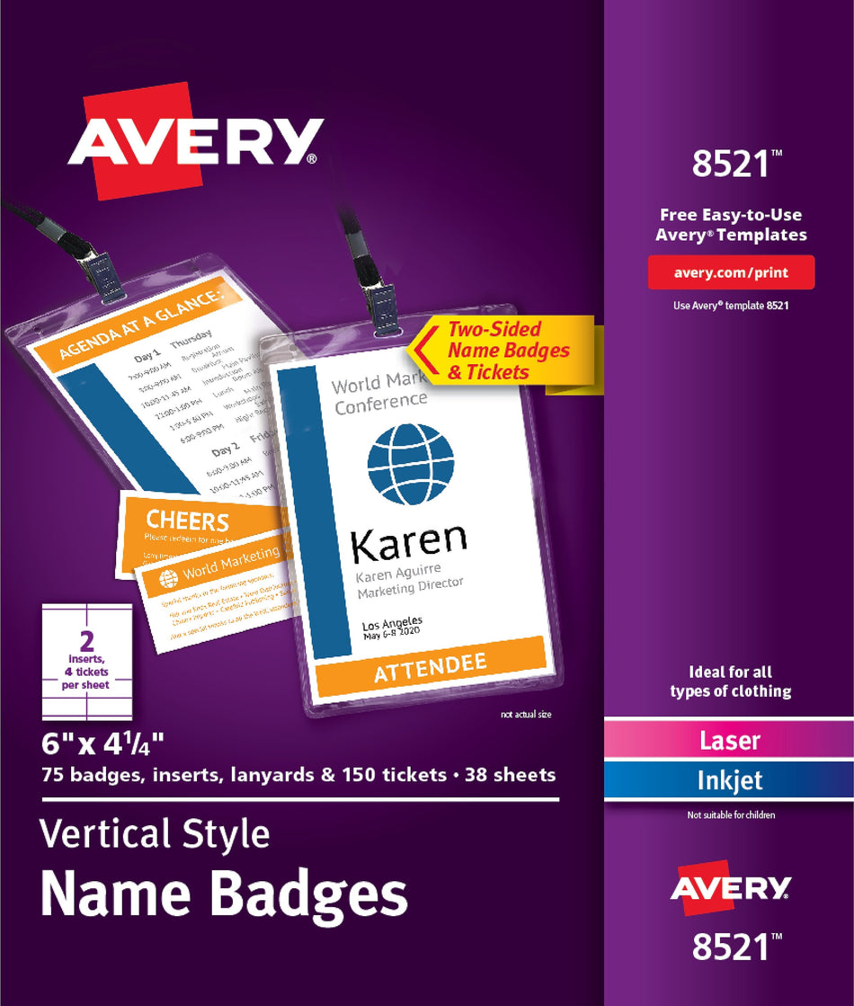 Avery Vertical Style Lanyard Laser/Inket Name Badge Kit, 6" x 4 1/4", Clear Holders with White Inserts. 75 Badges