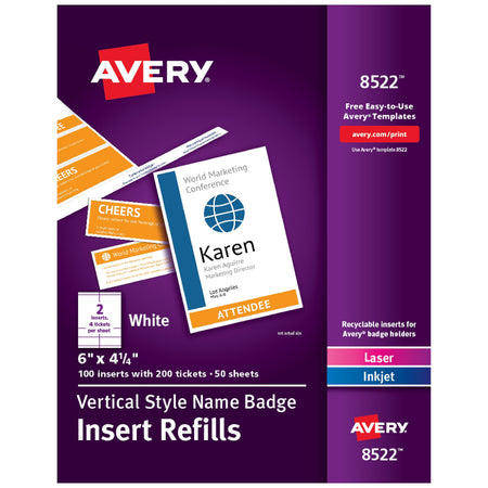 Avery Vertical Style Laser/Inkjet Name Badge & Ticket Inserts, 6" x 4 1/4", White, 100 Inserts Per Box