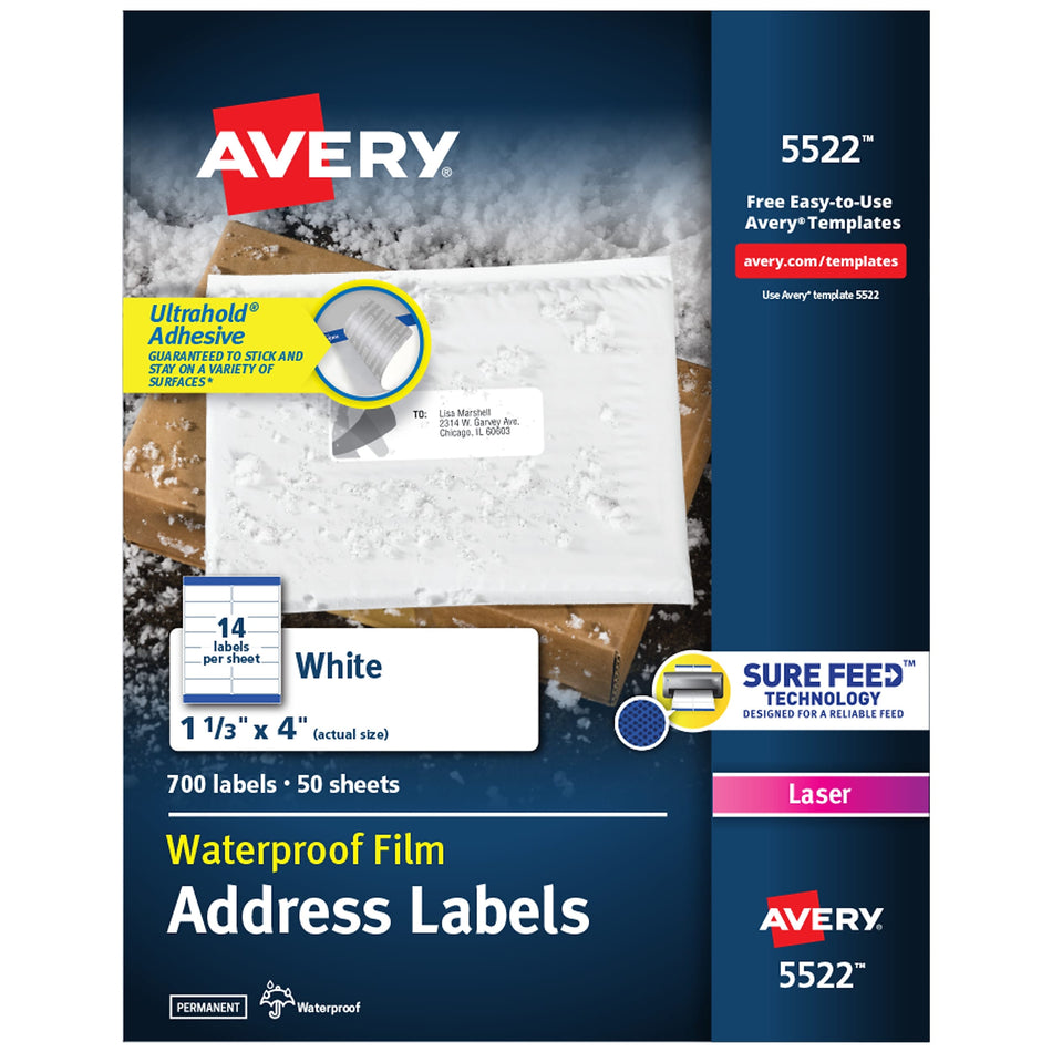 Avery Waterproof Laser Address Labels, 1-1/3" x 4", Matte White, 14 Labels/Sheet, 50 Sheets/Box