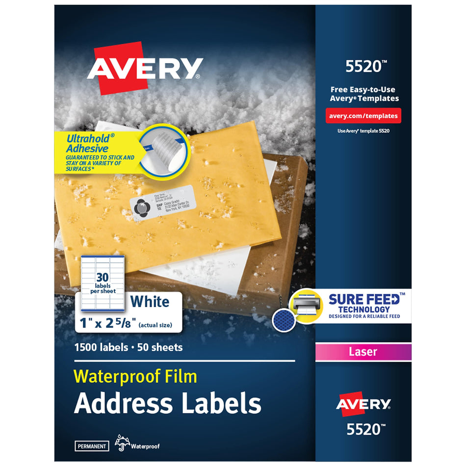 Avery Waterproof Laser Address Labels, 1" x 2-5/8", Matte White, 30 Labels/Sheet, 50 Sheets/Box