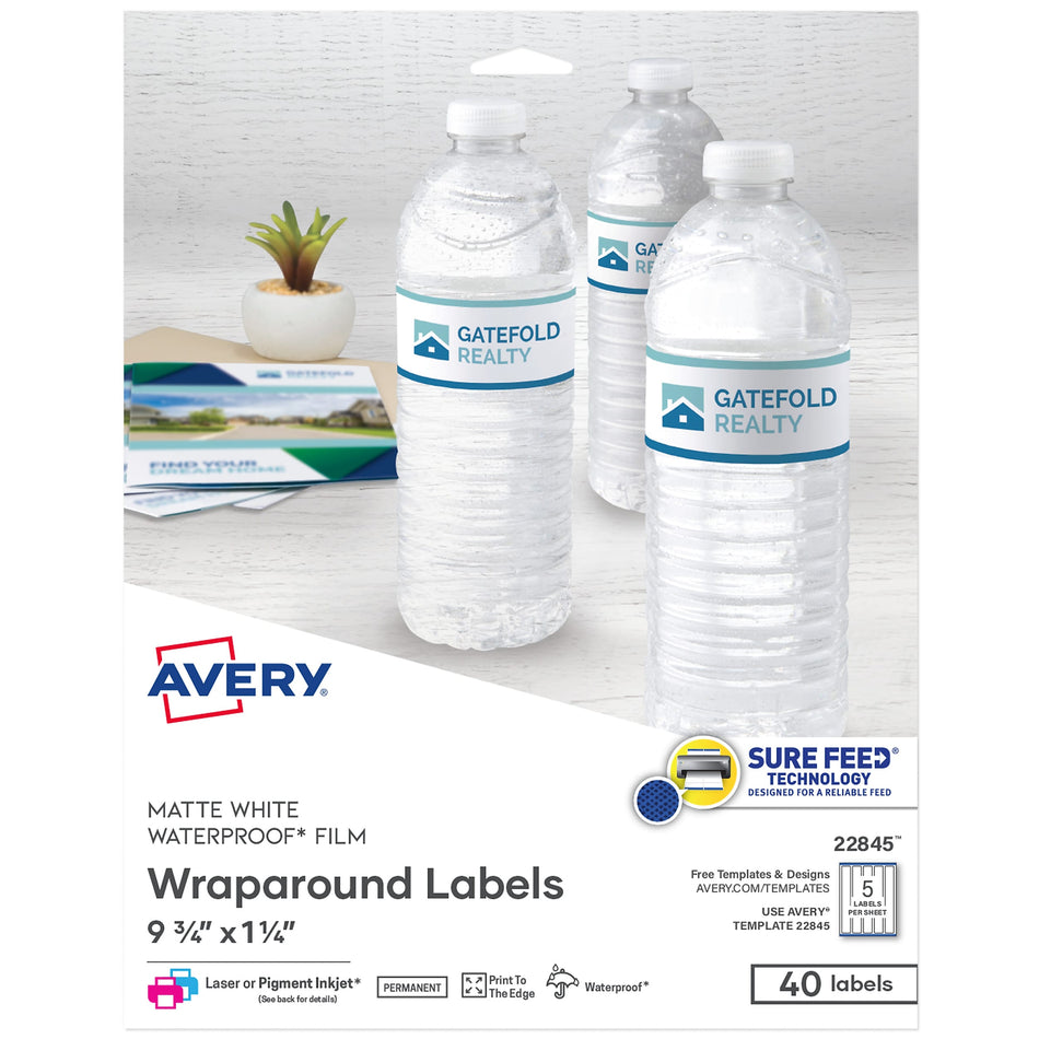 Avery Waterproof Laser Inkjet Wraparound Labels, 1.25" x 9.75", White, 5 Labels/Sheet, 8 Sheets/Pack, 40 Labels/Pack