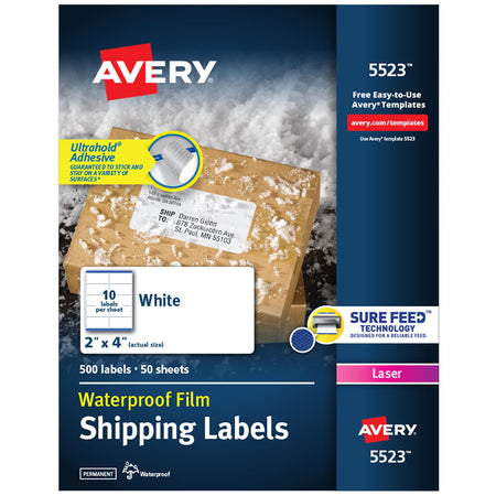 Avery Waterproof Laser Shipping Labels, 2" x 4", Matte White, 10 Labels/Sheet, 50 Sheets/Box, 500 Labels/Box