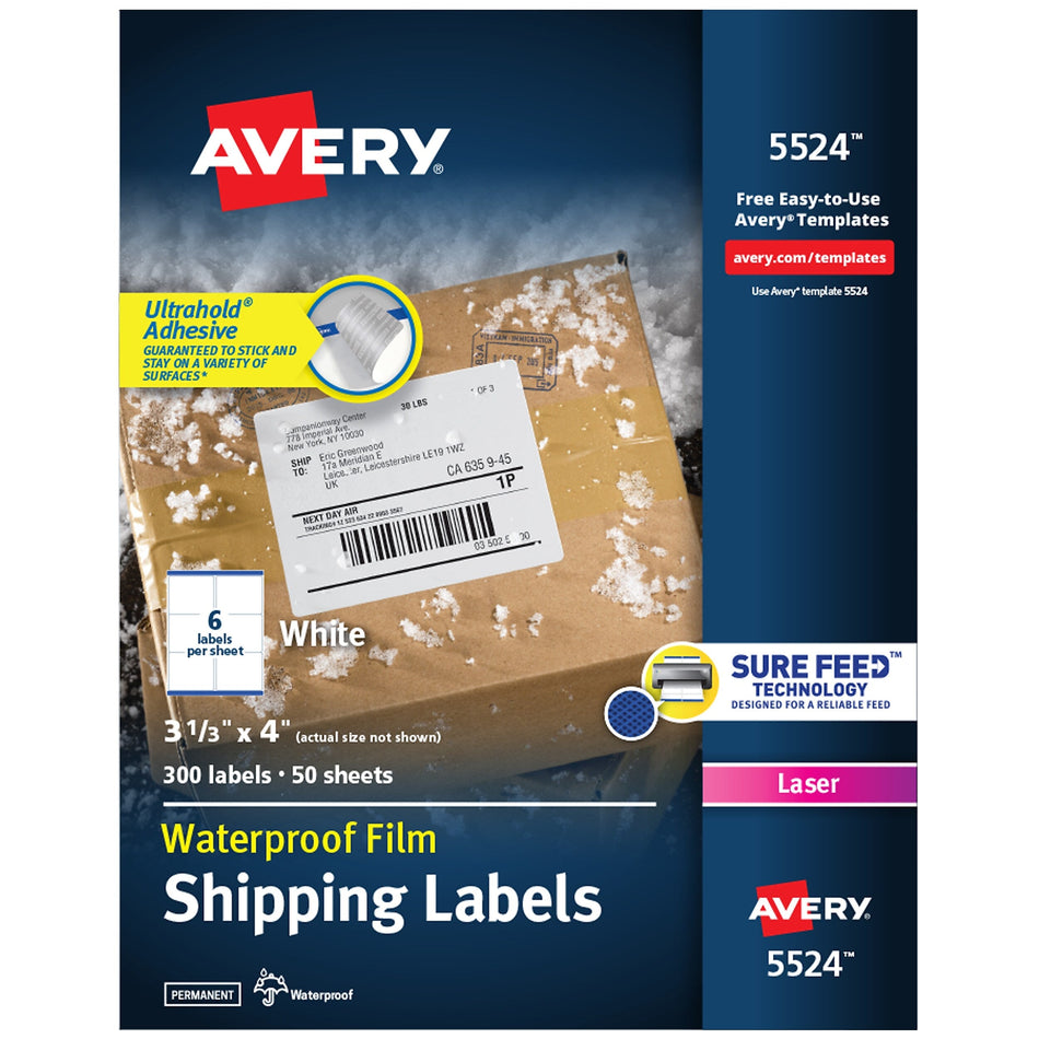 Avery Waterproof Laser Shipping Labels, 3-1/3" x 4", Matte White, 6 Labels/Sheet, 50 Sheets/Box, 300 Labels/Box