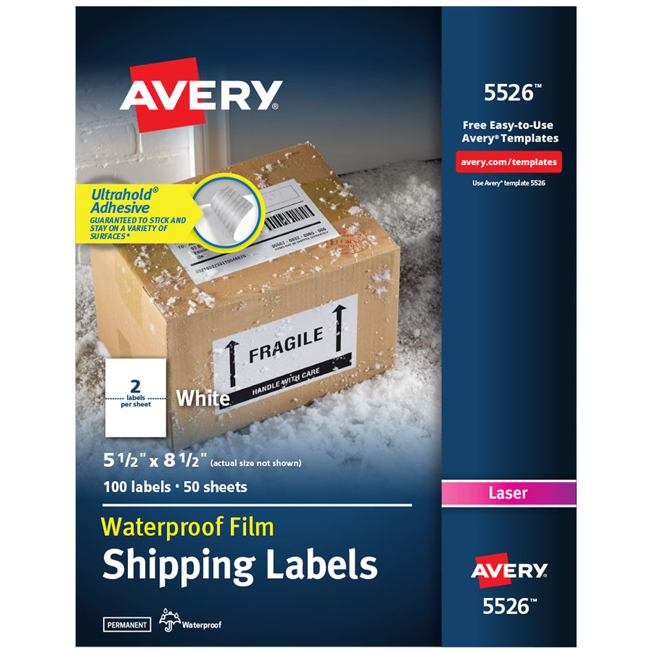 Avery Waterproof Laser Shipping Labels, 5-1/2" x 8-1/2", Matte White, 2 Labels/Sheet, 50 Sheets/Box, 100 Labels/Box